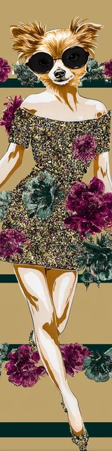 Free dog bookmark featuring a stylish dog in a fashion dress